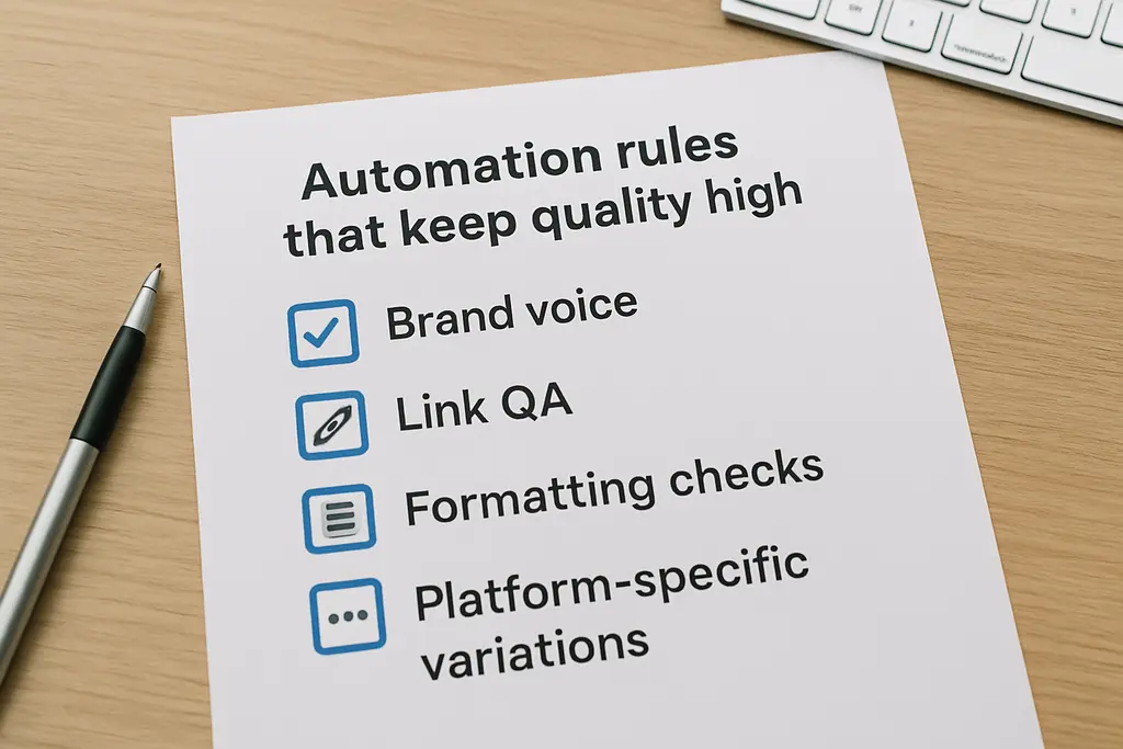 Automation rules that keep quality high: Diagram or checklist graphic showing brand voice, link QA, formatting checks, and platform-specific variations.