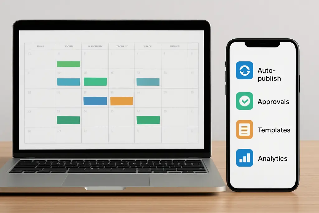 Tools and features to look for: Comparison-style illustration of scheduling tool features such as calendar view, auto-publish, approvals, templates, and analytics.