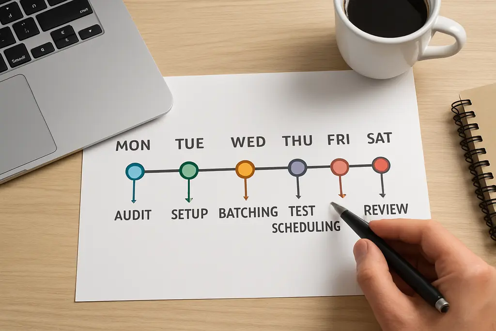 A simple rollout plan for the first 7 days: Seven-day timeline graphic that maps audit, setup, batching, test scheduling, and review.