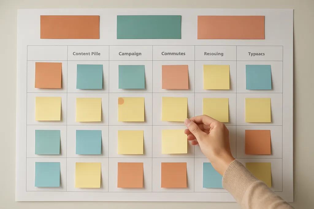 Build a scheduling system before you build a calendar: Illustration of a content planning board with content pillars, campaign themes, and recurring post types arranged in a calendar view.