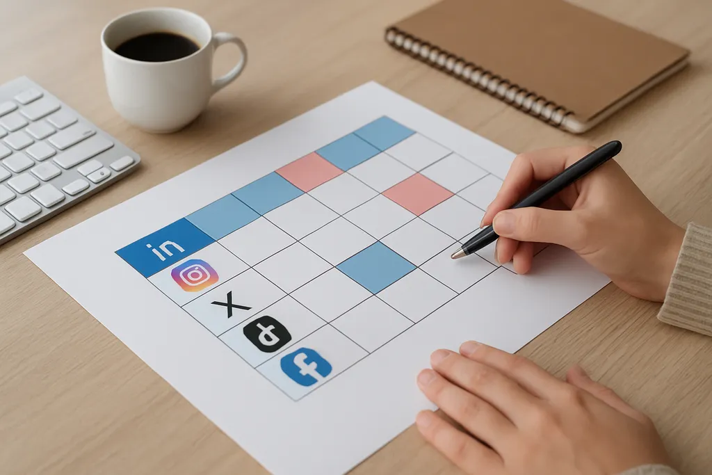 Choose the right cadence for each platform: Graphic comparing posting cadence by platform, using a simple schedule grid for LinkedIn, Instagram, X, TikTok, and Facebook.