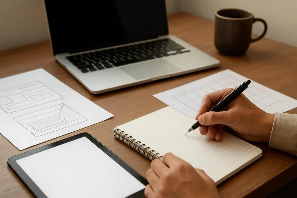 Use batch creation to protect consistency: Behind-the-scenes workspace visual showing drafting, design, and scheduling tasks grouped into a batch workflow.