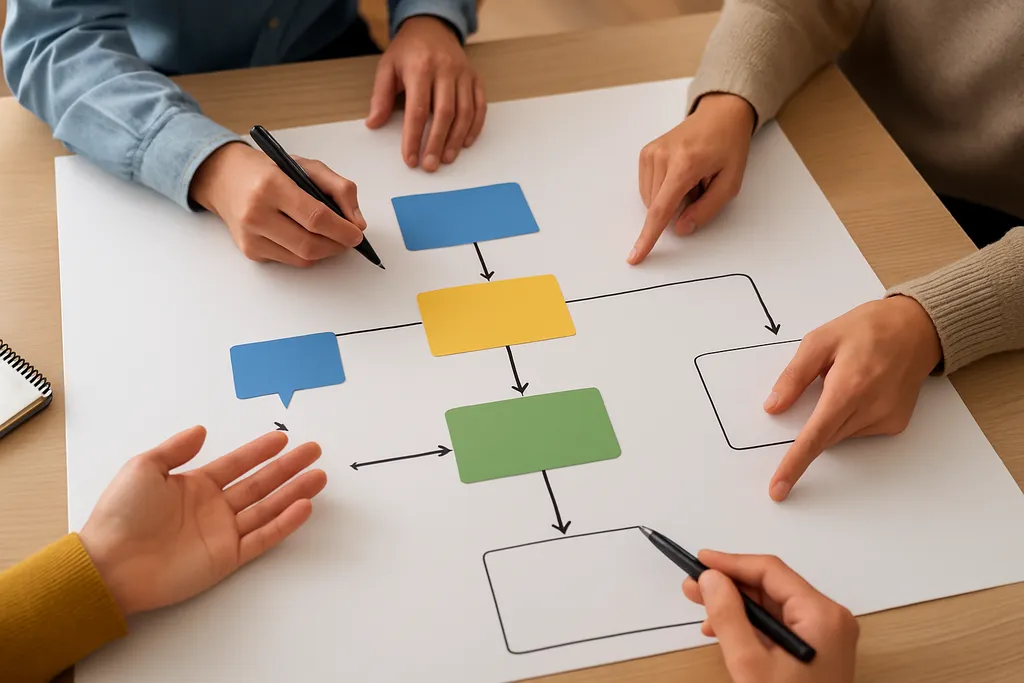 Make approvals and collaboration part of the workflow: Workflow diagram showing content review, approvals, and handoffs between team roles before publishing.