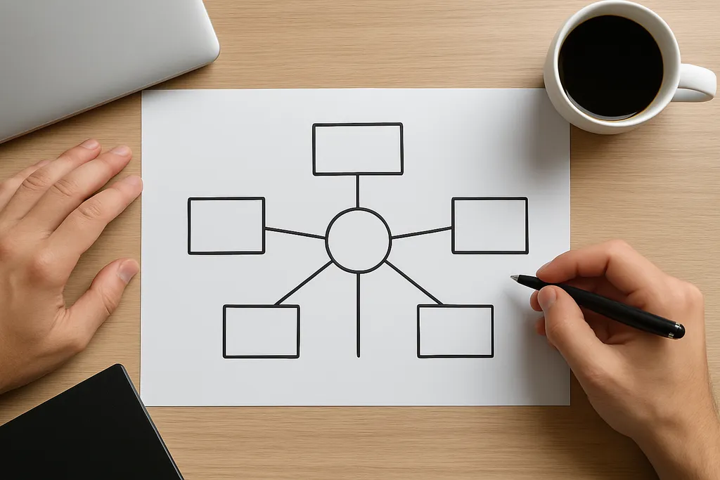 Why multi-platform scheduling saves time without hurting quality: Illustration of a simplified workflow map showing one core idea branching into platform-specific posts.