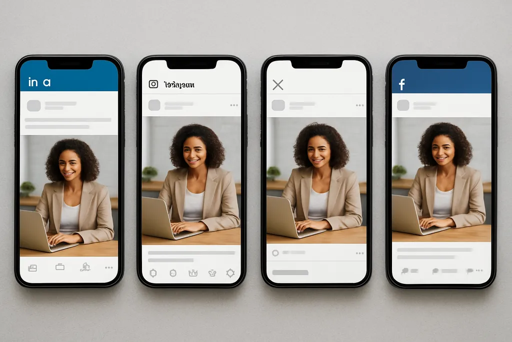 How to adapt one post for each platform: Side-by-side mockup comparing the same campaign adapted for LinkedIn, Instagram, X, and Facebook.
