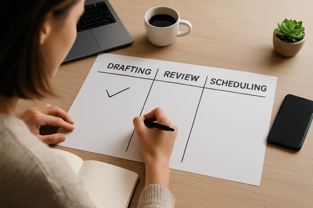 A batching workflow that keeps scheduling manageable: Visual of a weekly batching process with drafting, review, scheduling, and analytics steps.