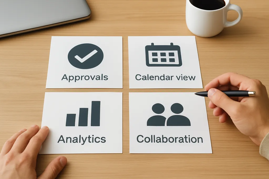 How to choose a scheduling tool for your workflow: Comparison-style graphic highlighting key tool selection criteria such as approvals, calendar view, analytics, and collaboration.