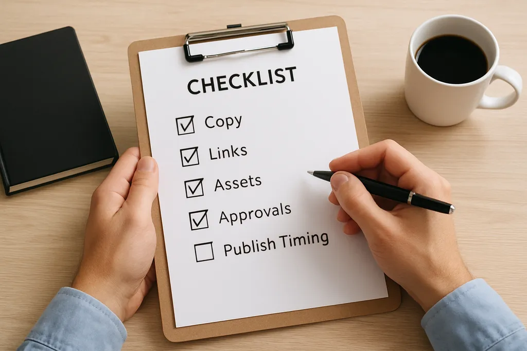 A practical checklist before you hit schedule: Checklist illustration showing copy, links, assets, approvals, and publish timing.