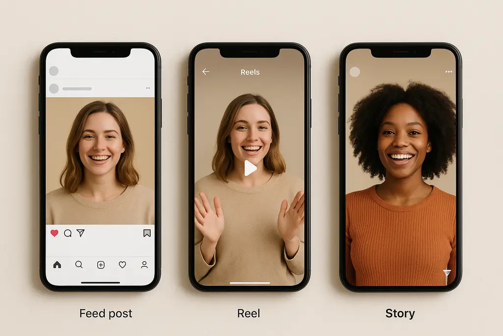 What Are IG Stories?: Simple illustrated comparison of an Instagram feed post, Reel, and Story to show format differences.