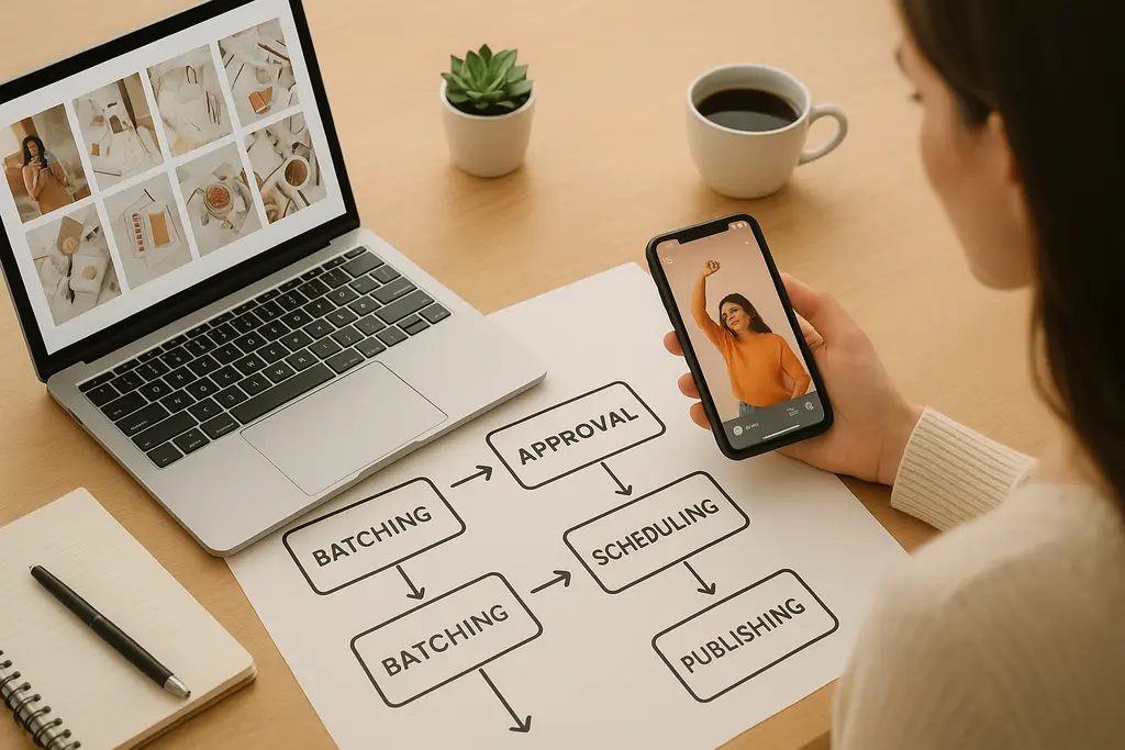 How to Create and Schedule IG Stories Efficiently: Workflow graphic showing batching, approval, scheduling, and publishing steps for Stories.