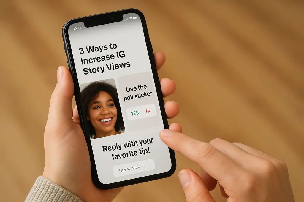 How to Increase Views IG Story Performance: Visual example of a Story sequence with a strong hook, sticker engagement, and CTA to drive views and replies.