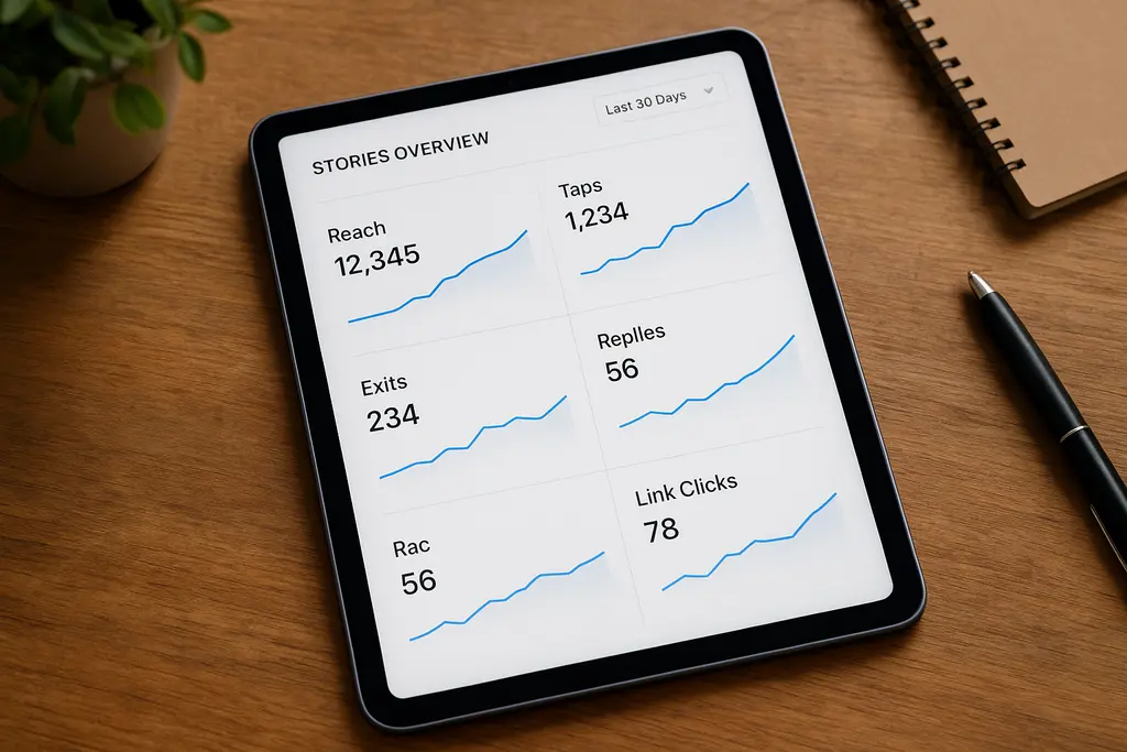 How to Measure Instagram Stories Results: Analytics-style dashboard mockup highlighting reach, taps, exits, replies, and link clicks for Story reporting.