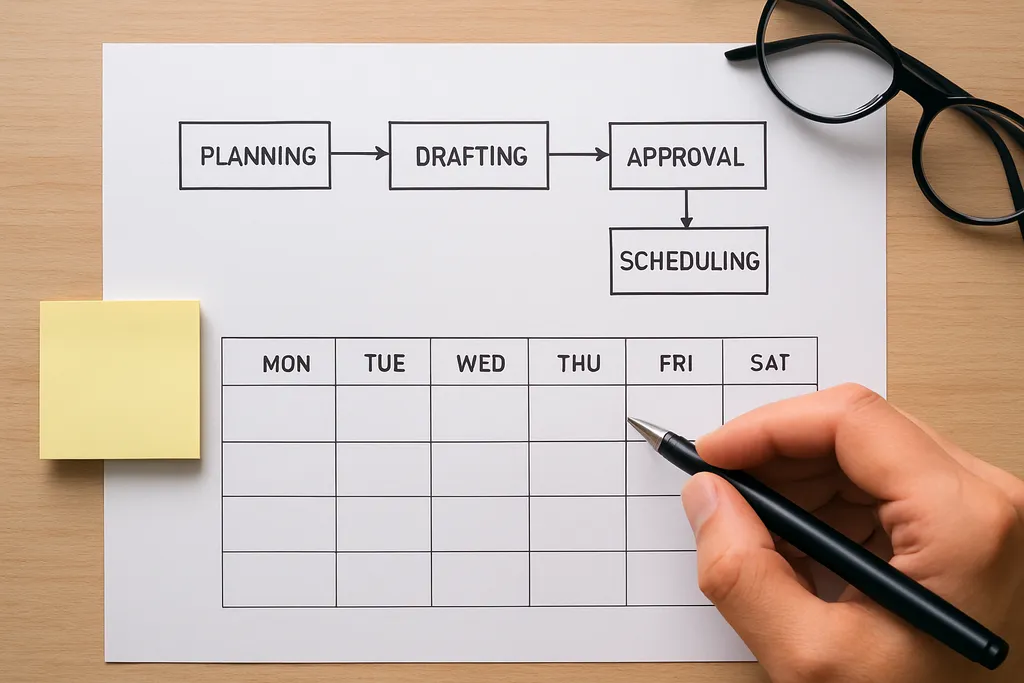 A simple weekly workflow for drafting, approvals, and scheduling: Workflow diagram showing planning, drafting, approval, scheduling, and review steps across a typical week.
