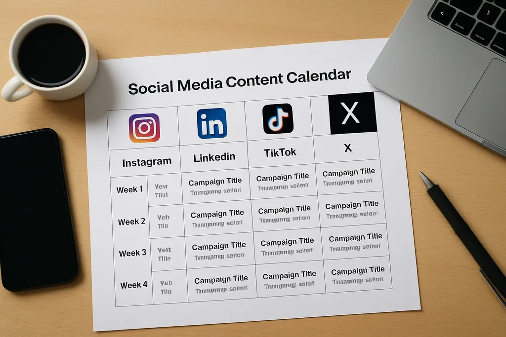 How to adapt the template for different channels and campaigns: Multi-platform content calendar example showing the same campaign adapted for Instagram, LinkedIn, TikTok, and X.