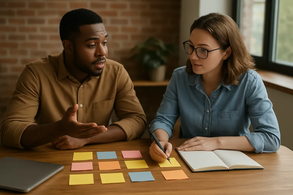 What a social media workflow actually does: Two colleagues discussing a content plan at a wooden table with sticky notes, a blank notebook, and a closed laptop, in a casual office setting.