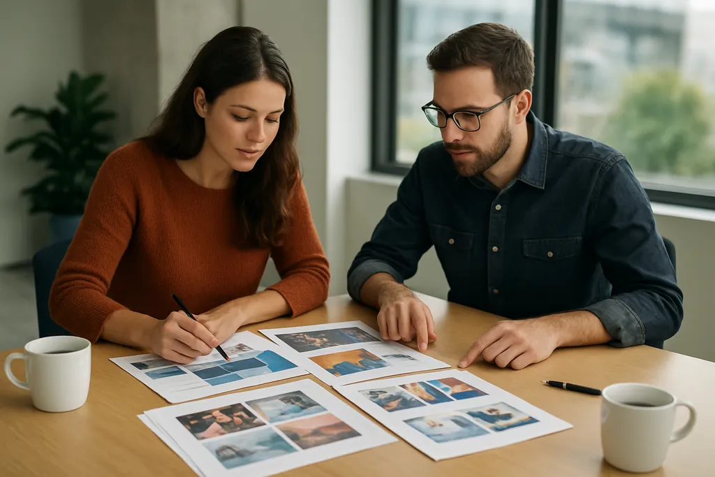 The step by step workflow in social media: A content strategist and designer reviewing a stack of printed post drafts on a meeting table, with pens, coffee cups, and no readable text visible.