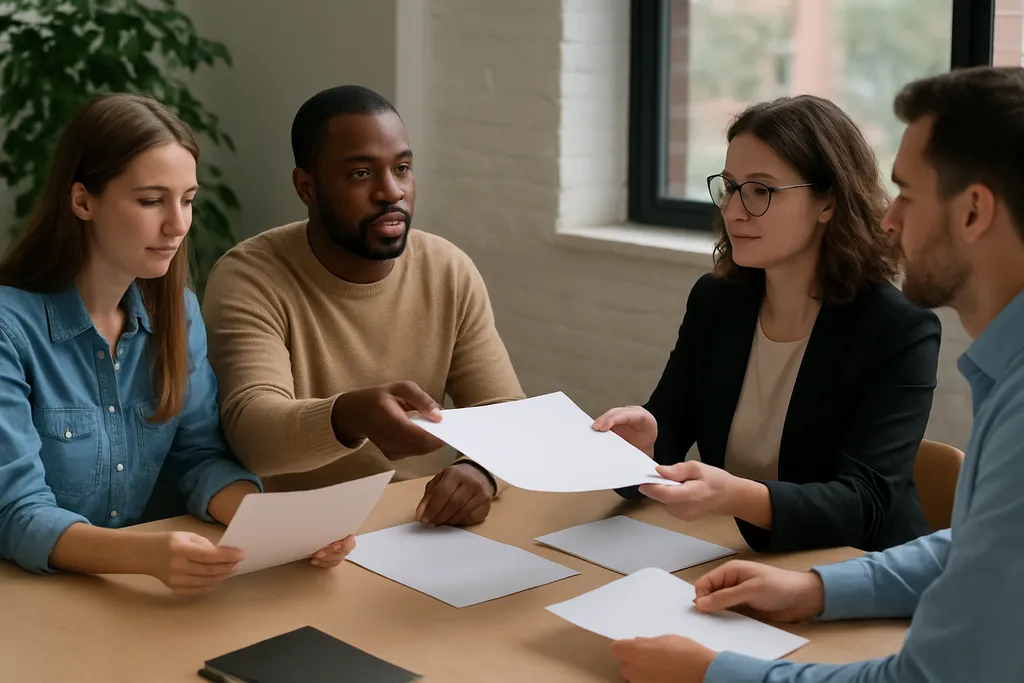 How to assign roles, approvals, and handoffs: A small team in an office passing printed sheets between each other during a review meeting, with blank paper and no visible writing.
