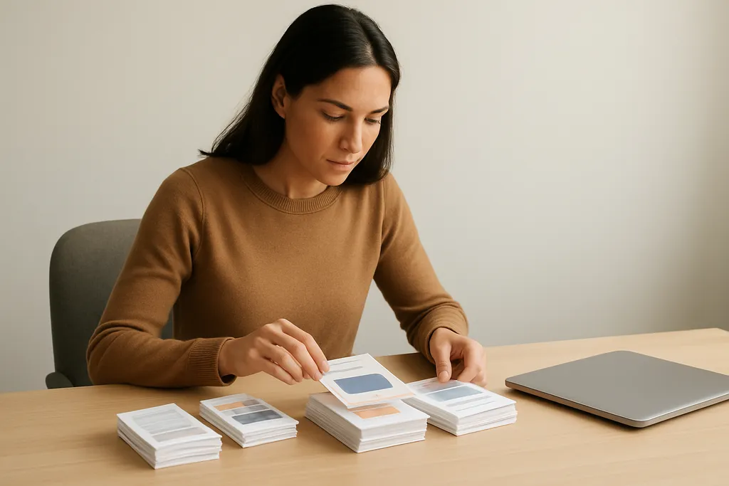 Where scheduling, batching, and automation help most: A marketer organizing stacks of printed content cards beside a laptop that is closed, with a clean desk and no readable screens.