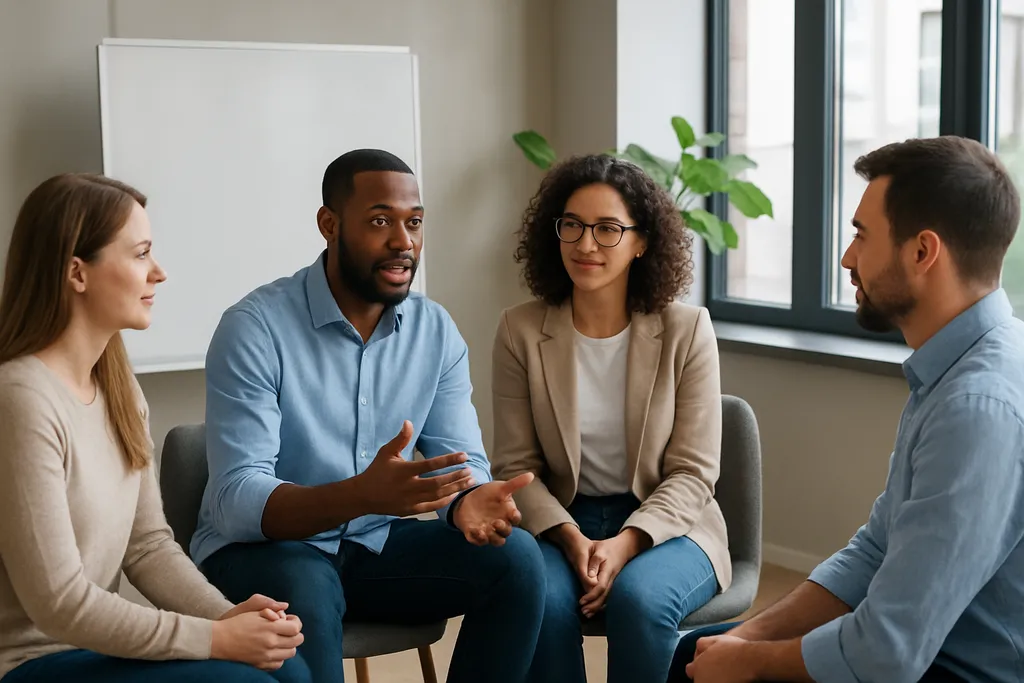 How to improve your workflow over time: A team debriefing after a planning session in a modern workspace, with a whiteboard intentionally out of focus and no readable writing visible.