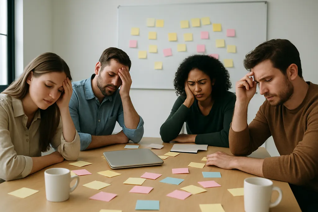 What usually goes wrong when teams post too much: An overworked creative team in a meeting room with scattered sticky notes, a closed laptop, and several empty mugs, showing a sense of busy planning w