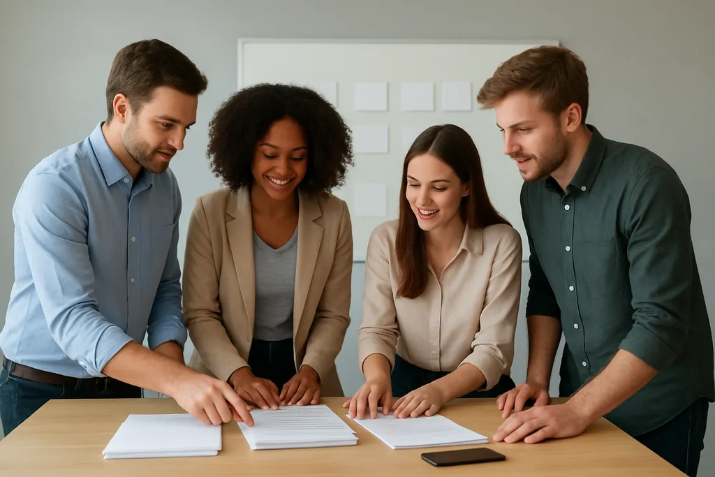 A lean social workflow for modern marketing teams: A small group of marketers standing around a table reviewing printed paper stacks and a wall with blank cards, captured as a candid workplace photo w