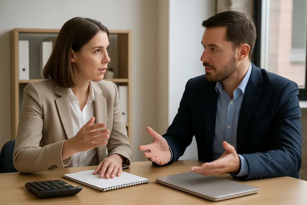 What to measure when you post less: A manager and analyst talking at a desk with a calculator, a blank notebook, and a closed laptop, emphasizing discussion and review without visible screens or docum