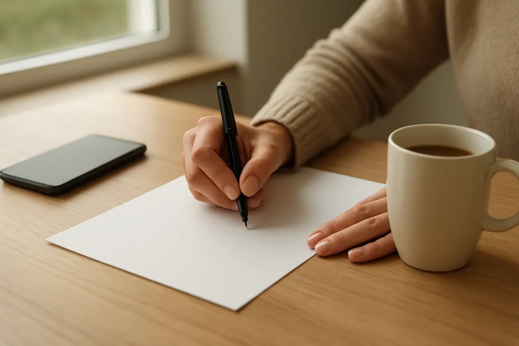 A simple checklist to start posting less this month: A person in a workspace writing on a blank sheet of paper beside a phone face down and a mug, with soft natural light and no visible text.